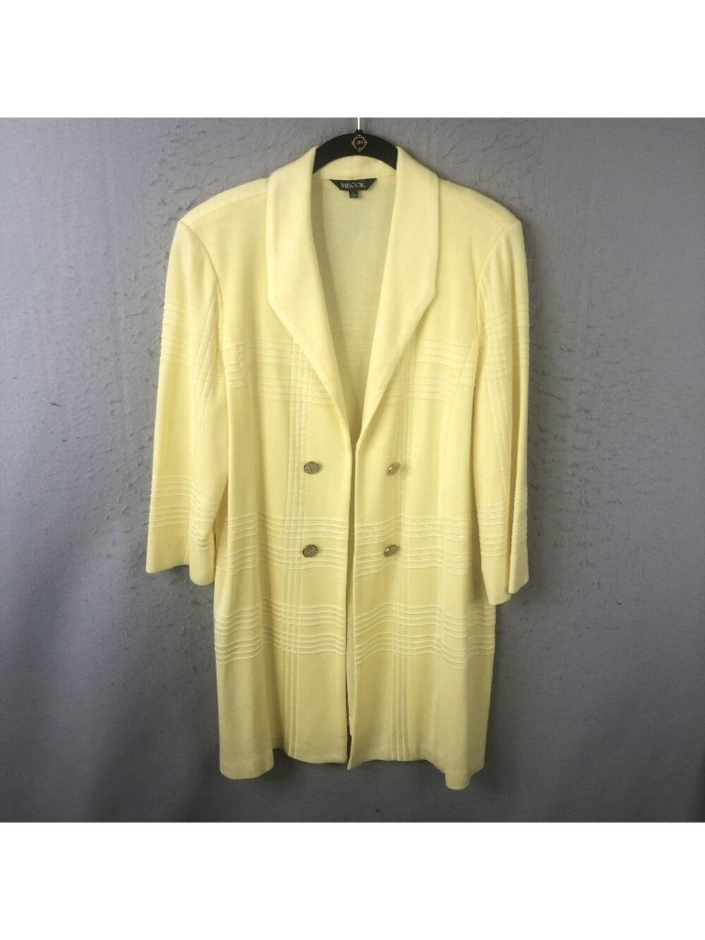 Misook Coatigan Womens L Yellow Knit Plaid Zip Button Collared Long Old Money